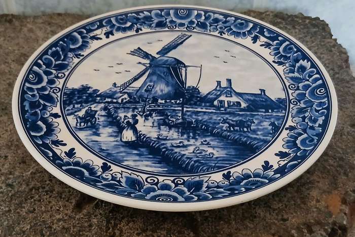Vintage Delft-Style Decorative Plate  Classic Windmill Scene