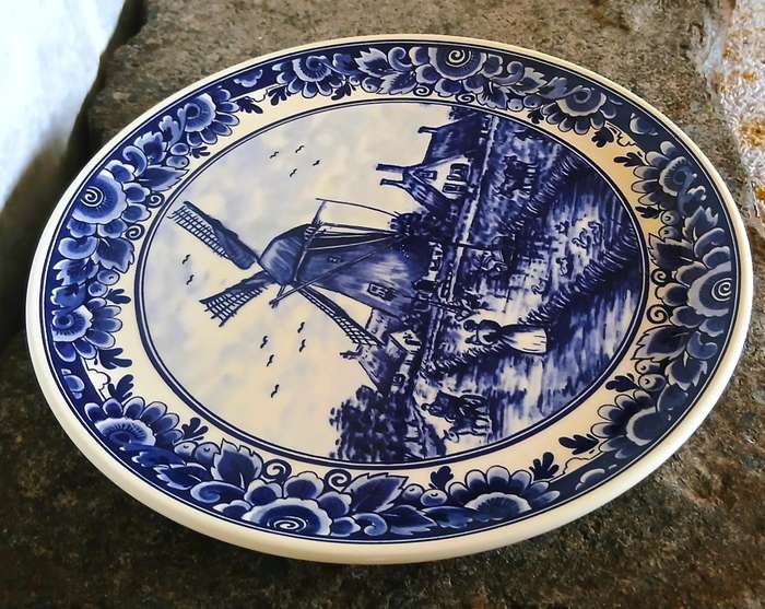 Vintage Delft-Style Decorative Plate  Classic Windmill Scene