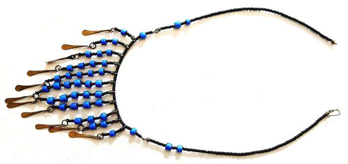 Art Deco Egyptian Revival Bib Necklace | Opaque Blue & Jet Black Glass with Brass Accents