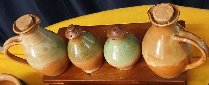 Earthy Bespoke Studio Pottery Dinnerware & Serving Set - Green Mottled Glaze