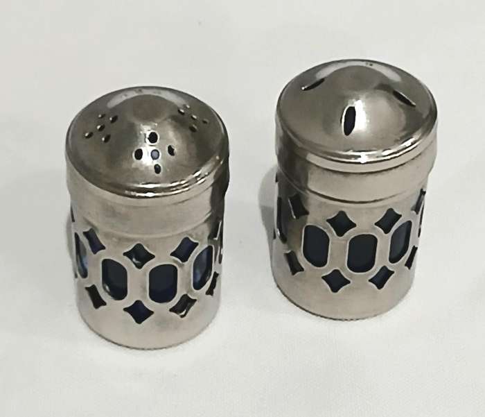 Vintage Silver-Plated and Cobalt Blue Glass Salt and Pepper Set with Ornate Caddy