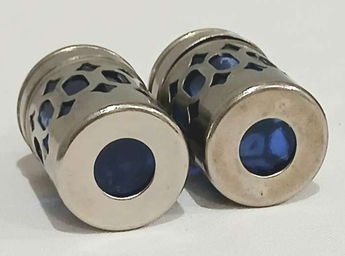 Vintage Silver-Plated and Cobalt Blue Glass Salt and Pepper Set with Ornate Caddy