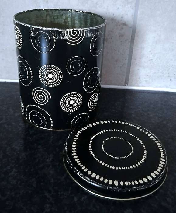 Retro 1970s Black & White Regency Ware Storage Tin | Circular Dot Pattern