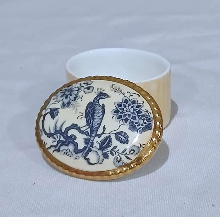 Aynsley Fine Bone China Trinket Box | Chinoiserie Peacock / Phoenix Motif with Gilded Mount