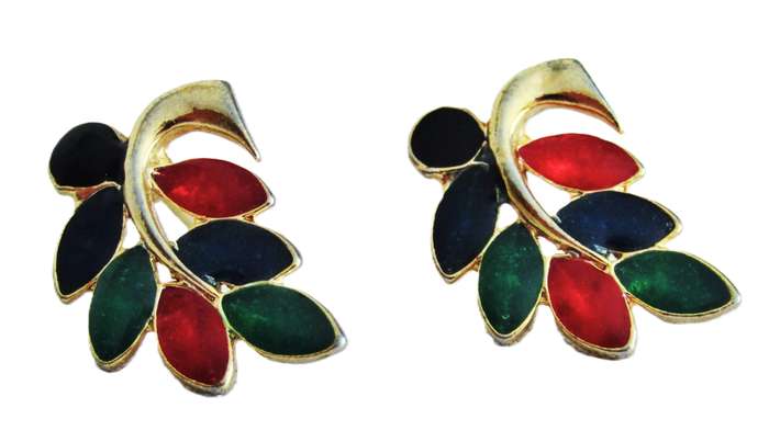 Vintage Gold tone, green, red, blue and black enamel stud earrings