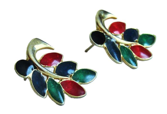 Vintage Gold tone, green, red, blue and black enamel stud earrings