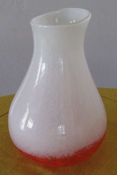 Large Vintage Handblown Semi-Opaque White and Deep Orange Speckled Confetti Studio Art Glass Vase