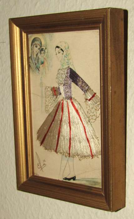 Vintage Framed Elsi Gumier Embroidered Postcard, Hydra, c1950