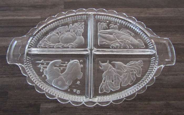Vintage Intaglio Czech Clear and Frosted Glass Divided Serving Tray c.1950