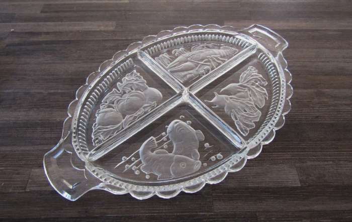 Vintage Intaglio Czech Clear and Frosted Glass Divided Serving Tray c.1950