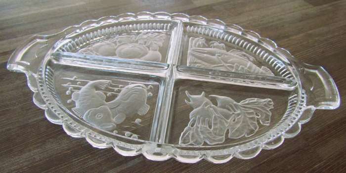Vintage Intaglio Czech Clear and Frosted Glass Divided Serving Tray c.1950