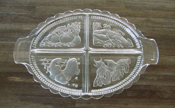 Vintage Intaglio Czech Clear and Frosted Glass Divided Serving Tray c.1950