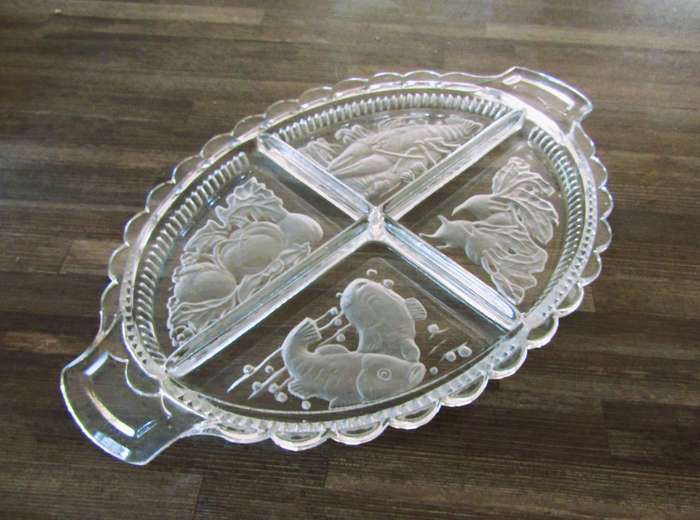 Vintage Intaglio Czech Clear and Frosted Glass Divided Serving Tray c.1950
