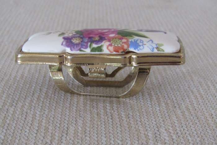 Vintage Gilt Metal Lipstick Compact with Mirror and Ceramic Transfer Decoration  Made in Japan