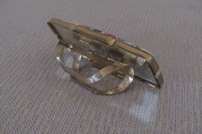 Vintage Gilt Metal Lipstick Compact with Mirror and Ceramic Transfer Decoration  Made in Japan