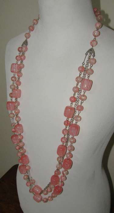 Vintage Silver-Tone and Bubblegum Pink Beaded Four-Strand Necklace