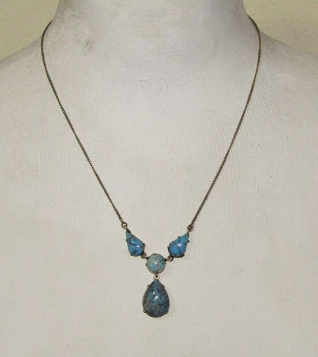 Vintage Silver-Tone Turquoise Pendant Necklace