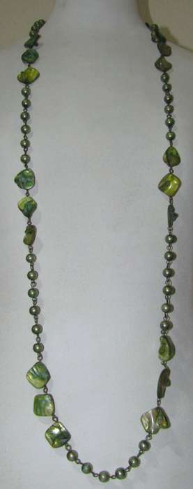 Retro 1980s Extra Long Green Dyed Mother of Pearl Beaded Necklace