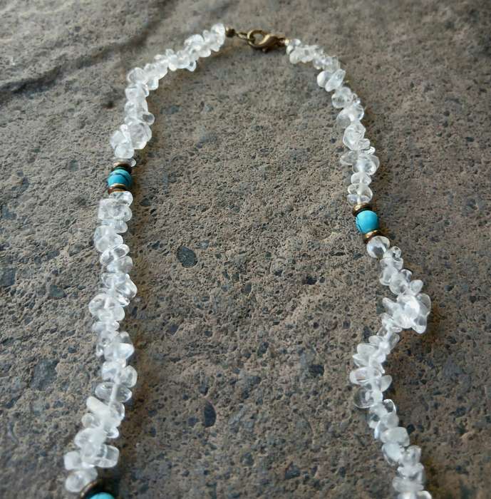 Vintage Clear Quartz & Turquoise Necklace | Genuine Gemstones | Brass Accents | 43cm