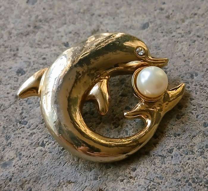Vintage Gold Tone Brooch | Dolphin with Faux Pearl | Playful Mid-Century Design