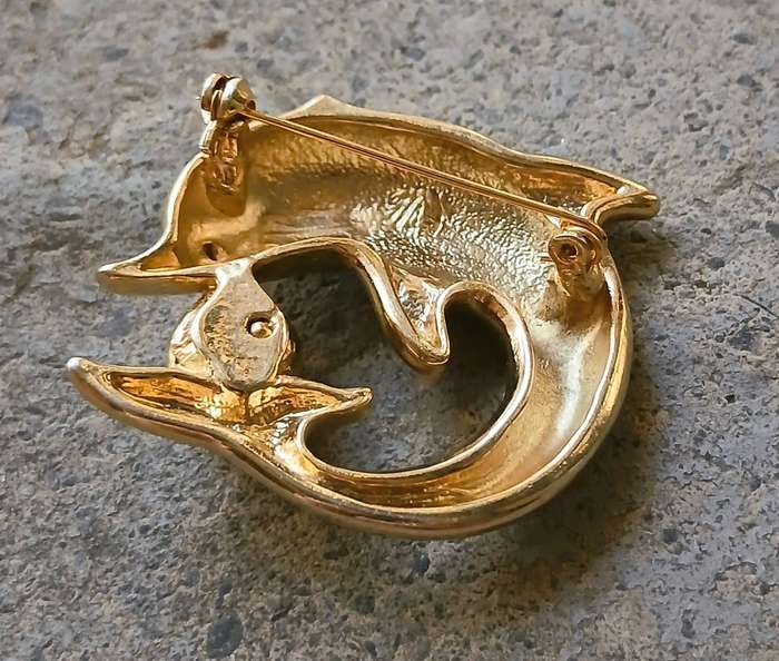 Vintage Gold Tone Brooch | Dolphin with Faux Pearl | Playful Mid-Century Design