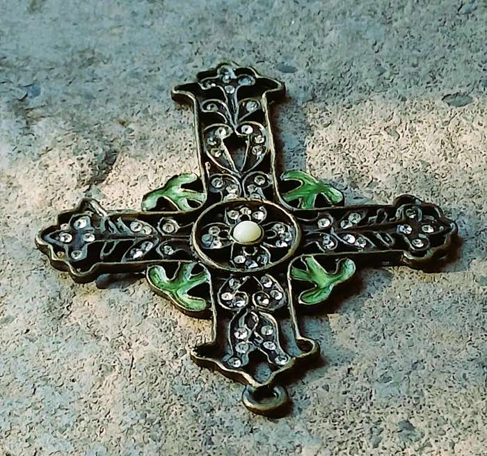 Vintage Brass Cross Pendant | Art Nouveau Style with Crystals, Enamel & Faux Howlite