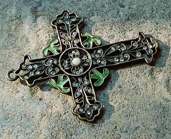 Vintage Brass Cross Pendant | Art Nouveau Style with Crystals, Enamel & Faux Howlite