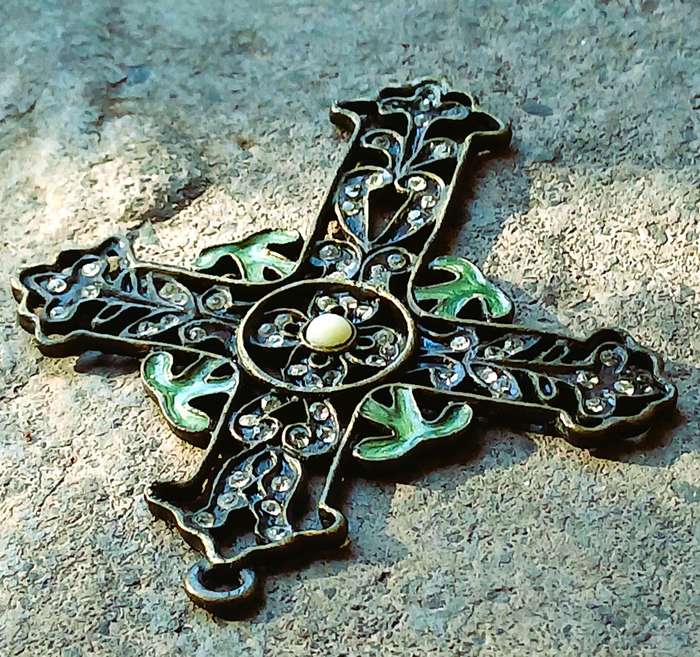 Vintage Brass Cross Pendant | Art Nouveau Style with Crystals, Enamel & Faux Howlite