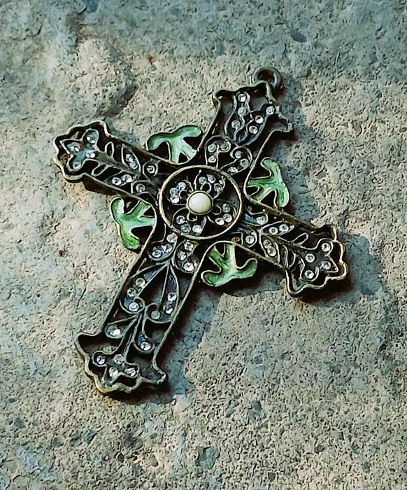 Vintage Brass Cross Pendant | Art Nouveau Style with Crystals, Enamel & Faux Howlite