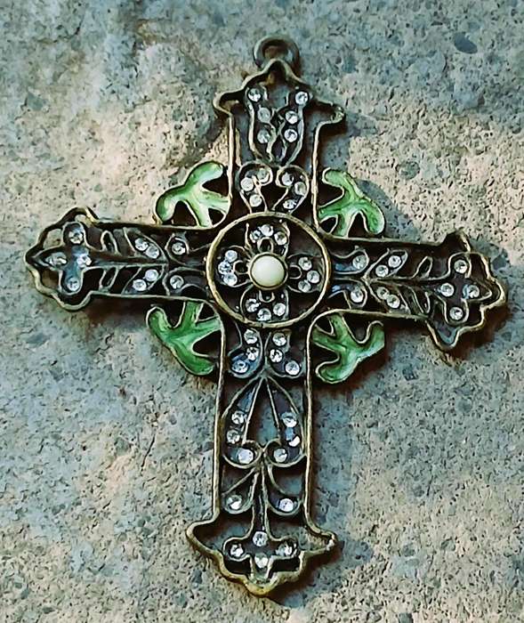 Vintage Brass Cross Pendant | Art Nouveau Style with Crystals, Enamel & Faux Howlite