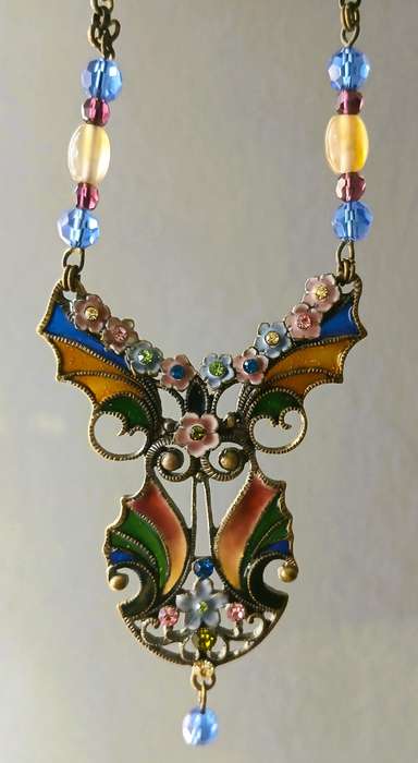 Vintage Plique-à-Jour Necklace | Victorian Revival with Gilt Metal, Enamel & Glass Beads