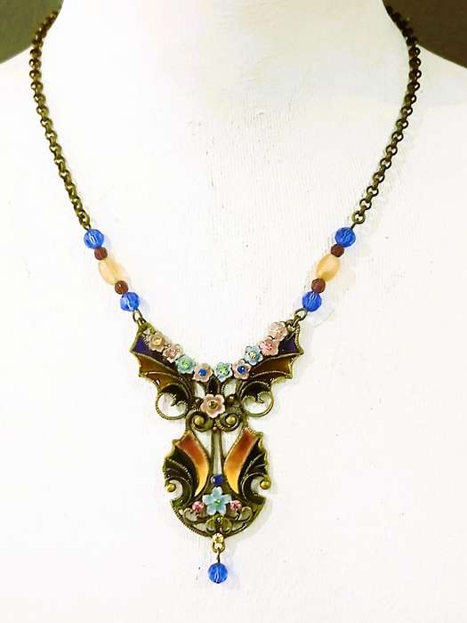 Vintage Plique-à-Jour Necklace | Victorian Revival with Gilt Metal, Enamel & Glass Beads