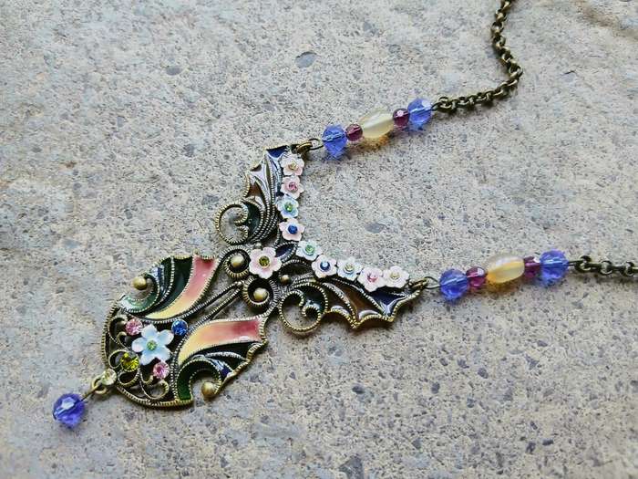 Vintage Plique-à-Jour Necklace | Victorian Revival with Gilt Metal, Enamel & Glass Beads