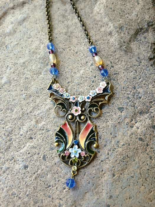 Vintage Plique-à-Jour Necklace | Victorian Revival with Gilt Metal, Enamel & Glass Beads