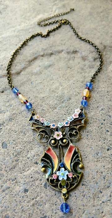Vintage Plique-à-Jour Necklace | Victorian Revival with Gilt Metal, Enamel & Glass Beads