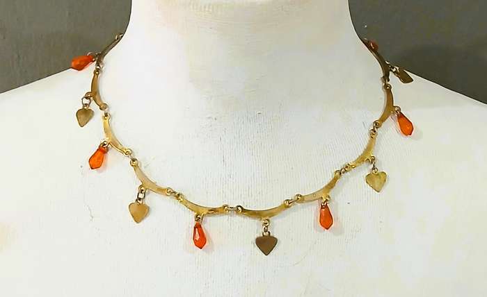 Vintage Gilt Metal Necklace | Heart Charms & Orange Glass Teardrops | Playful Mid-Century Charm