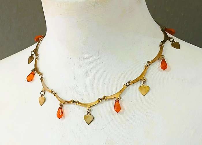 Vintage Gilt Metal Necklace | Heart Charms & Orange Glass Teardrops | Playful Mid-Century Charm