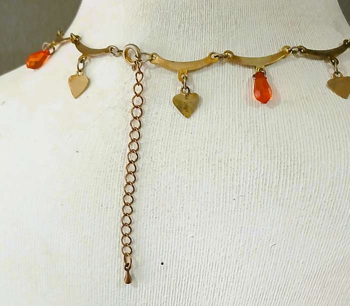 Vintage Gilt Metal Necklace | Heart Charms & Orange Glass Teardrops | Playful Mid-Century Charm