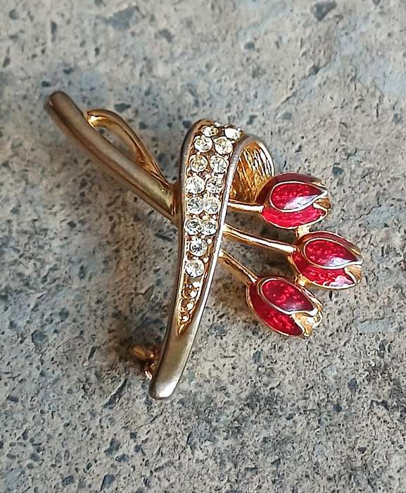 Vintage Gold-Tone Spray Brooch | Red Enamel Tulips & Pave Diamante Ribbon