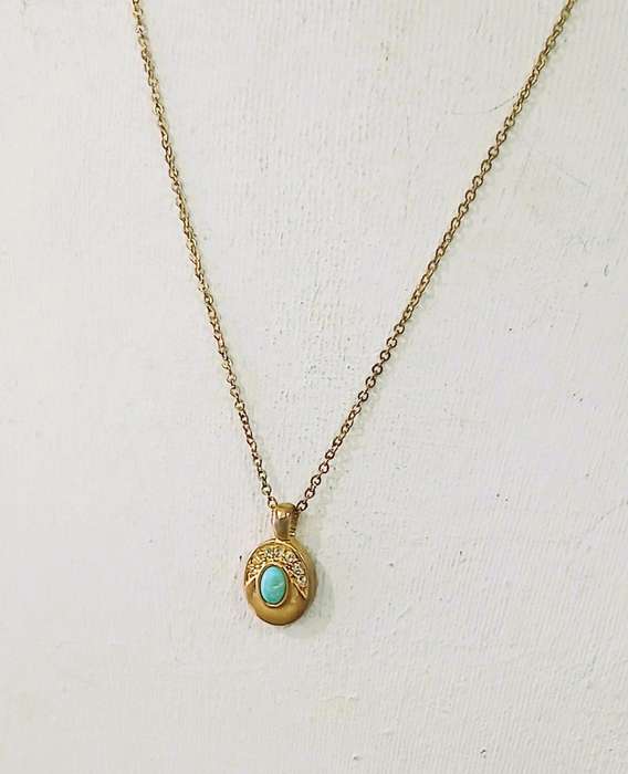 Vintage Gold Tone Pendant Necklace | Oval Drop with Turquoise & Clear Stones