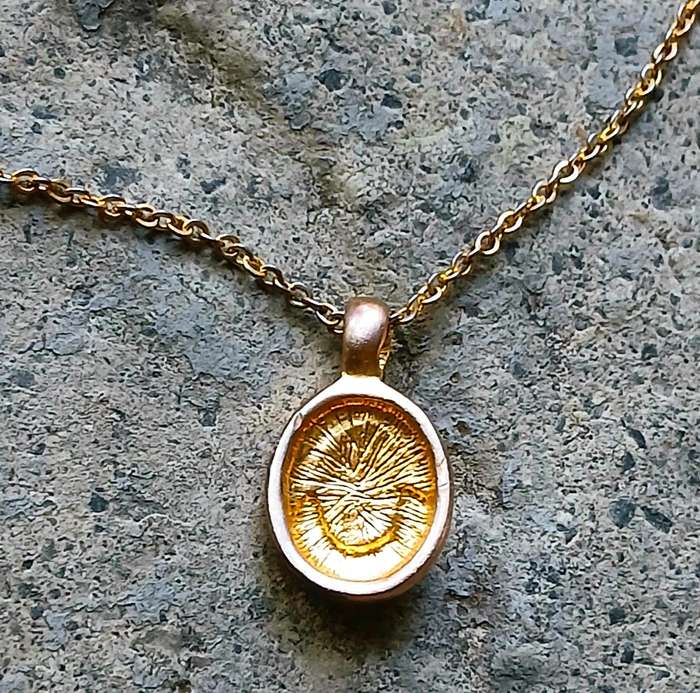 Vintage Gold Tone Pendant Necklace | Oval Drop with Turquoise & Clear Stones