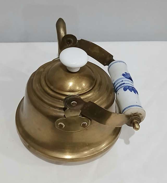 Vintage Brass Kettle | Delft-Style Ceramic Handle | Most Likely Made in Thailand for Export