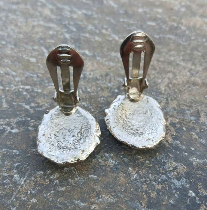 Mid-Century Silver-Tone Clip-On Earrings | Textured Design with Green Resin Centre