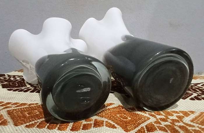 Pair of Vintage Murano Ruffled Vases | White Opaline & Smoky Glass, Mid-Century to 1980s