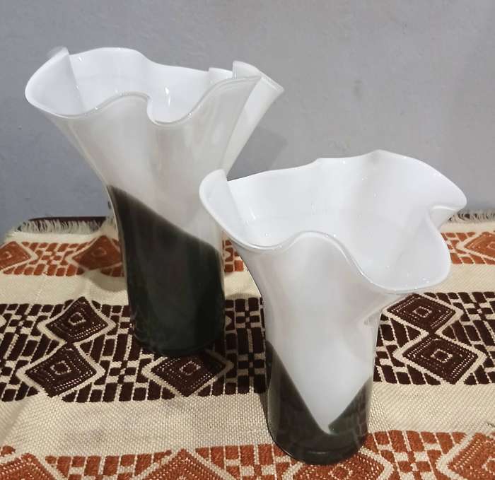 Pair of Vintage Murano Ruffled Vases | White Opaline & Smoky Glass, Mid-Century to 1980s