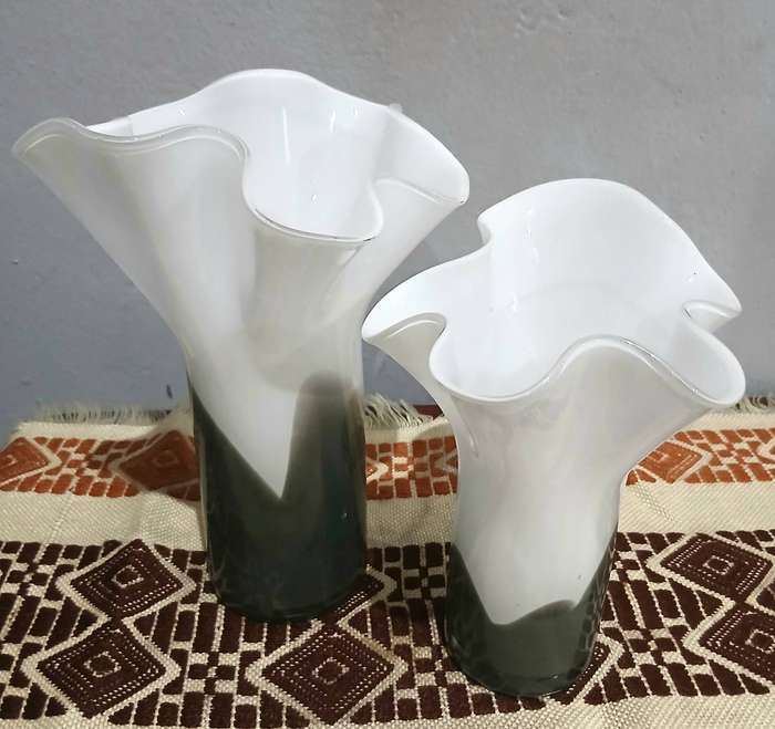 Pair of Vintage Murano Ruffled Vases | White Opaline & Smoky Glass, Mid-Century to 1980s