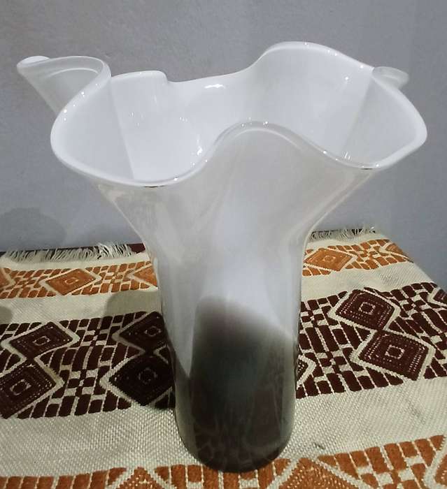 Pair of Vintage Murano Ruffled Vases | White Opaline & Smoky Glass, Mid-Century to 1980s