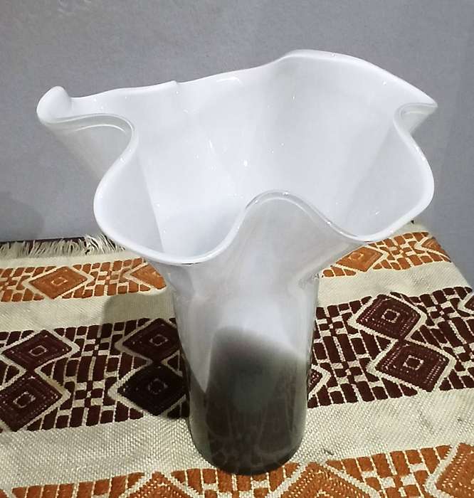 Pair of Vintage Murano Ruffled Vases | White Opaline & Smoky Glass, Mid-Century to 1980s