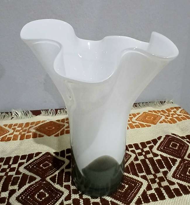 Pair of Vintage Murano Ruffled Vases | White Opaline & Smoky Glass, Mid-Century to 1980s