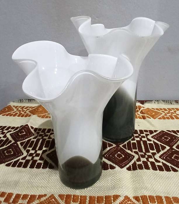 Pair of Vintage Murano Ruffled Vases | White Opaline & Smoky Glass, Mid-Century to 1980s
